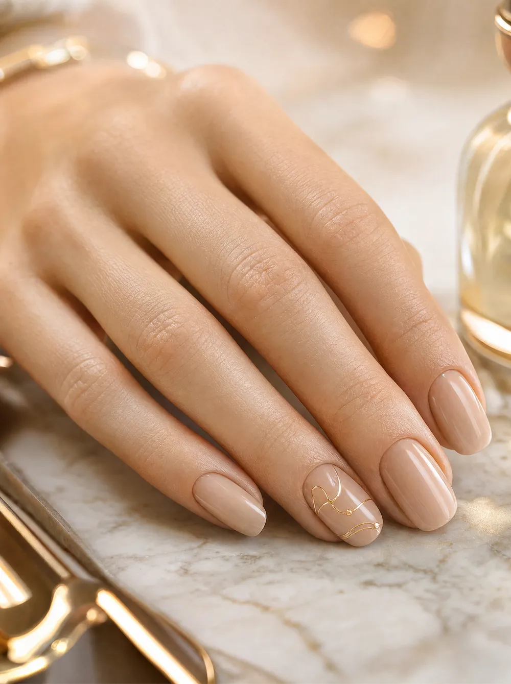 Manicure nude con dettaglio grafico oro su unghia accento