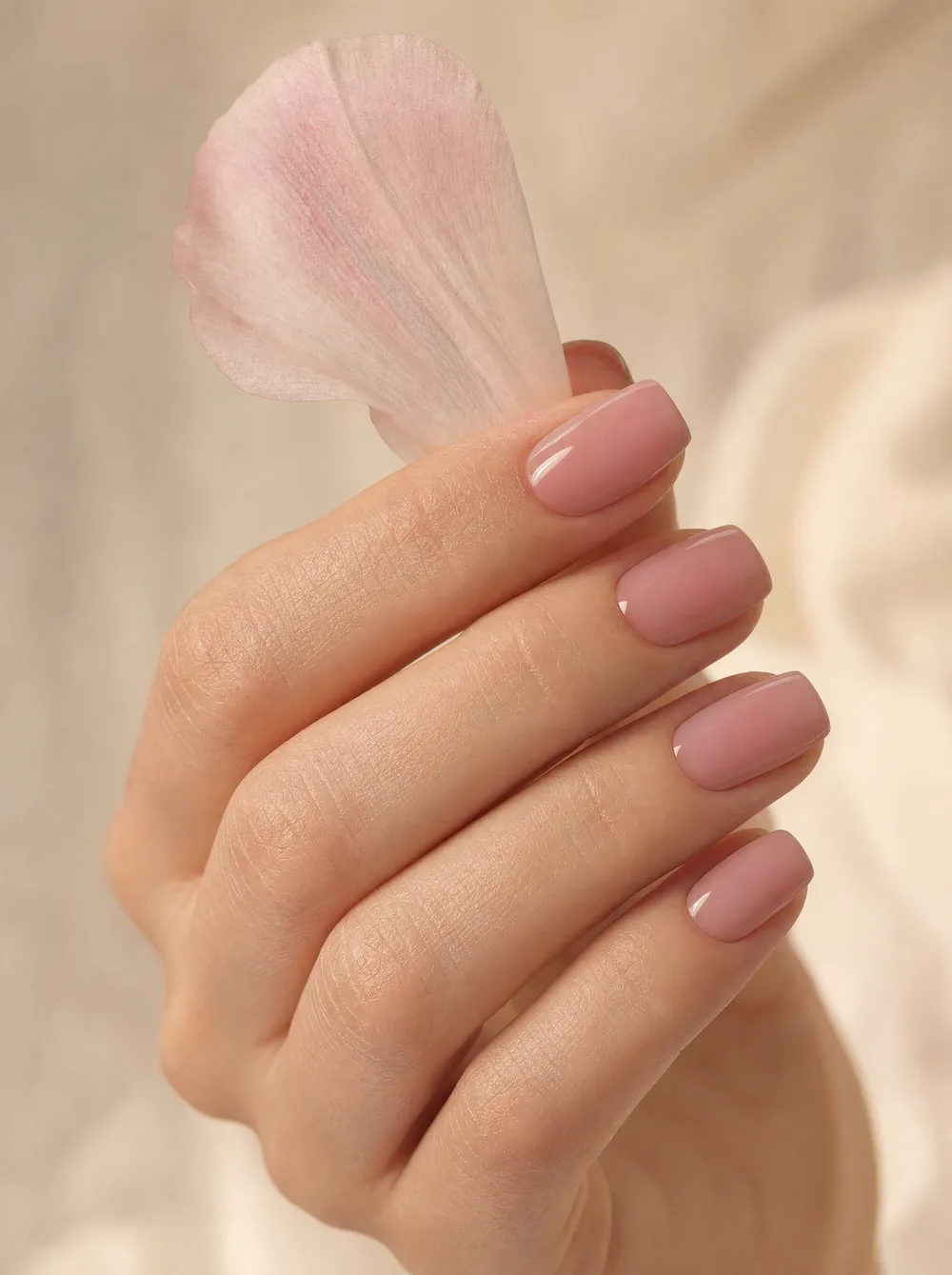 Manicure dusty pink squoval con petalo di fiore