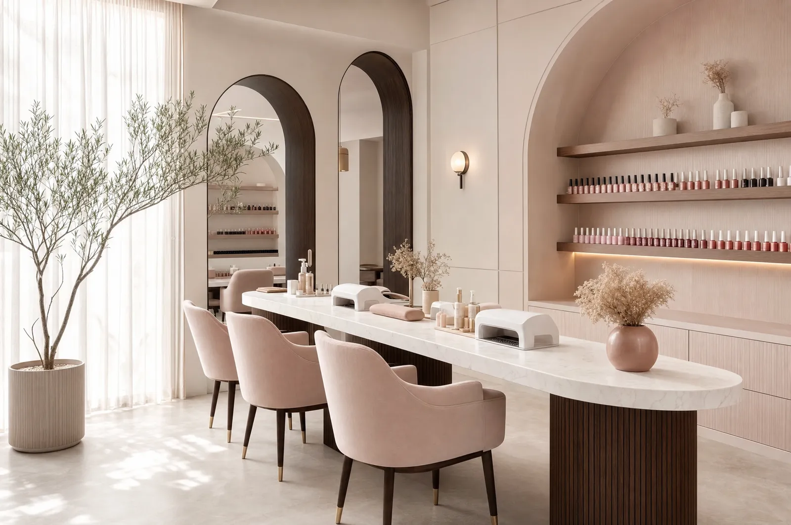 Interno dello studio Diamond Nails, toni blush e ivory, postazione in marmo